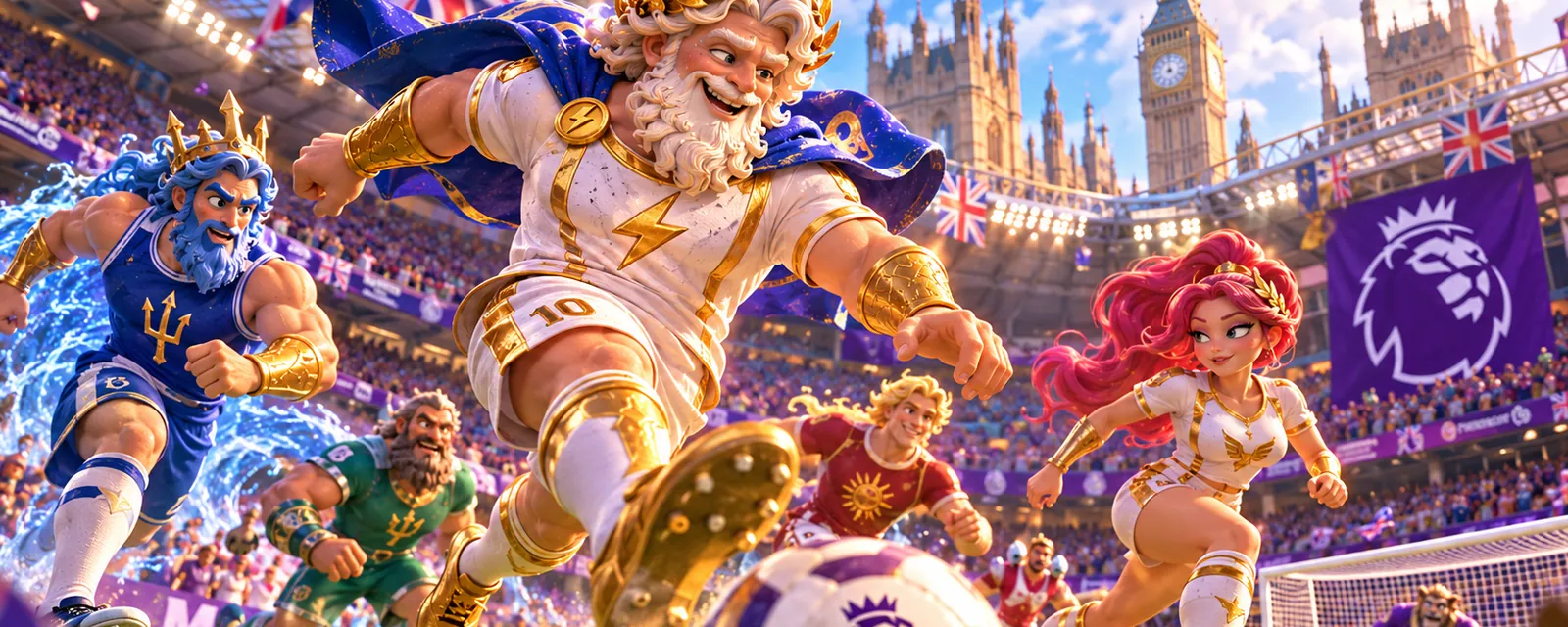 Greek gods playing football in a London stadium
