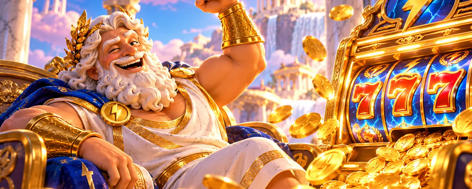 Zeus celebrating beside a golden 777 slot machine and a shower of coins